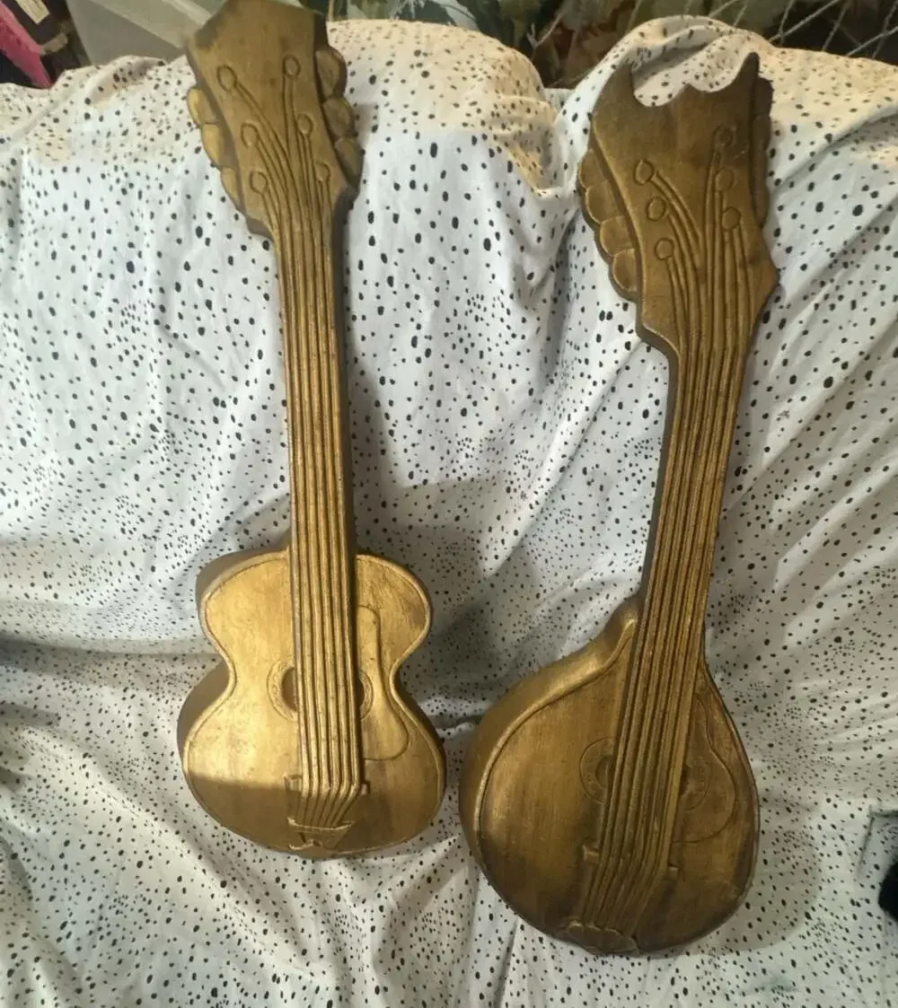 Vintage Mid-Century Modern Hoda Gold Cast Aluminum Guitar and Mandolin Wall Deco